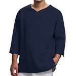 Loose Casual V-neck Top Cotton And Linen Long Sleeve Pullover Shirt Mens Clothing