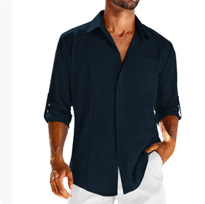 Casual  Long Sleeve Shirt With Pocket Lace Polo Collar Solid Color Button Mens Clothing