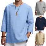 Loose Casual V-neck Top Cotton And Linen Long Sleeve Pullover Shirt Mens Clothing