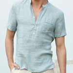 Casual Linen Solid Color Shirt Button V Neck Beach Shirt Men Summer Tops