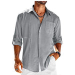 Casual  Long Sleeve Shirt With Pocket Lace Polo Collar Solid Color Button Mens Clothing