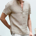 Casual Linen Solid Color Shirt Button V Neck Beach Shirt Men Summer Tops