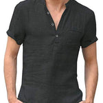 Casual Linen Solid Color Shirt Button V Neck Beach Shirt Men Summer Tops