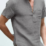 Casual Linen Solid Color Shirt Button V Neck Beach Shirt Men Summer Tops