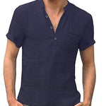 Casual Linen Solid Color Shirt Button V Neck Beach Shirt Men Summer Tops