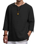 Loose Casual V-neck Top Cotton And Linen Long Sleeve Pullover Shirt Mens Clothing